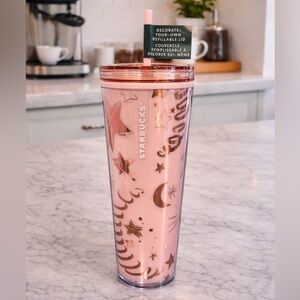 Starbucks Pink Celestial Stars Moon Tumbler w/ Straw NWT 24 oz
